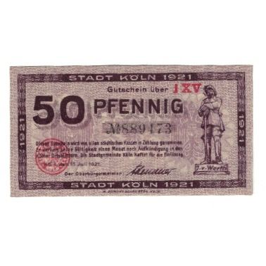 Banknote, Germany, Köln Stadt, 50 Pfennig, personnage, 1921, 1921-07-13
