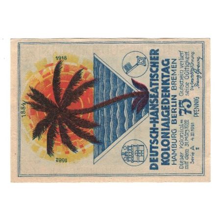 Banknote, Germany, Berlin Deutsch-Hanseatischer Kolonialgedanktag, 75 Pfennig