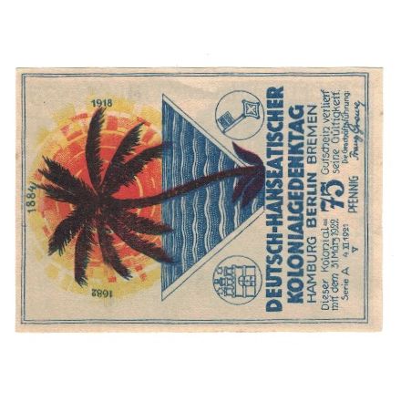 Banknote, Germany, Berlin Deutsch-Hanseatischer Kolonialgedanktag, 75 Pfennig