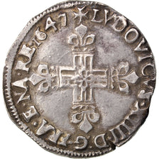 FRANCE, 1/4 Écu, frappé au marteau, 1/4 ECU, 1647, Bayonne, KM #142.10, EF(40-45