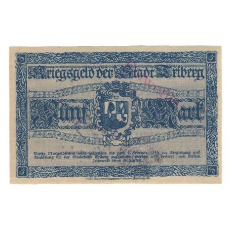 Banknot, Niemcy, Triberg Stadt, 5 Mark, Blason, 1919, 1919-02-01, AU(55-58)