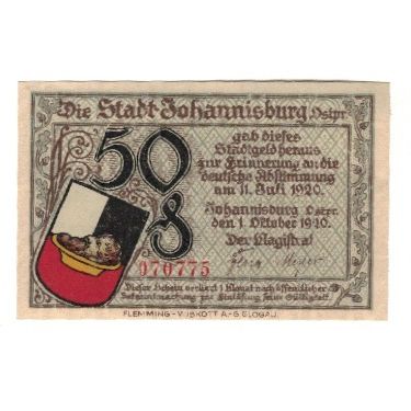 Billet, Allemagne, Johannisburg Stadt, 50 Pfennig, Batiment, 1921, 1921-10-01