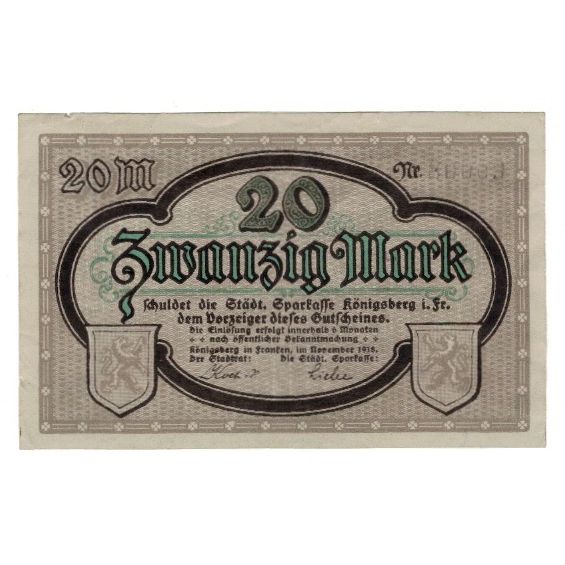 Banknote, Germany, Königsberg in Franken Stadt, 20 Mark, paysage, 1918