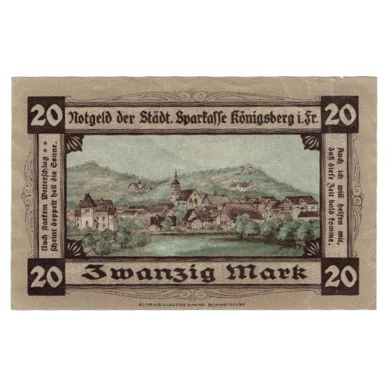 Banknote, Germany, Königsberg in Franken Stadt, 20 Mark, paysage, 1918