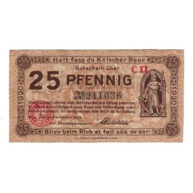 Banknot, Niemcy, Köln Stadt, 25 Pfennig, Batiment, 1920, 1920-12-31, AU(55-58)