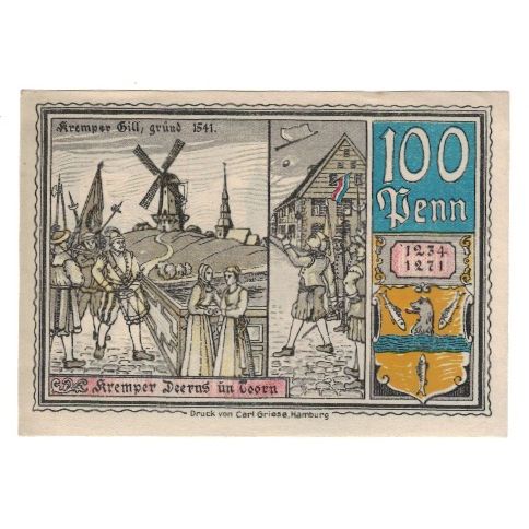 Banknote, Germany, Krempe Stadt, 100 Pfennig, Batiment, 1921, 1921-10-01