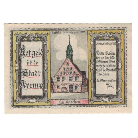 Banknote, Germany, Krempe Stadt, 100 Pfennig, Batiment, 1921, 1921-10-01