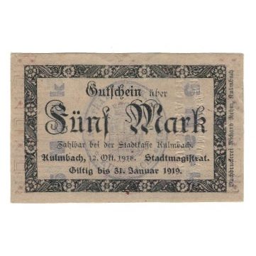 Banknote, Germany, Kulmbach Stadt, 5 Mark, Blason, 1919, 1919-01-31, AU(55-58)