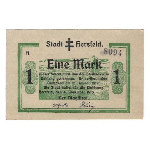 Banknote, Germany, Hersfeld Stadt, 1 Mark, N.D, 1919, 1919-01-31, AU(55-58)