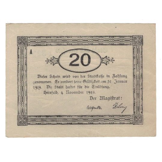 Banknote, Germany, Hersfeld Stadt, 20 Mark, Texte, 1919, 1919-01-31, AU(55-58)