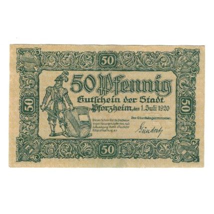 Biljet, Duitsland, Pforzheim Stadt, 50 Pfennig, personnage, 1920, 1920-07-01