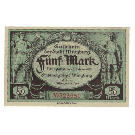 Banknote, Germany, Würzburg Stadt, 5 Mark, paysage, 1918, 1918-10-08, AU(55-58)
