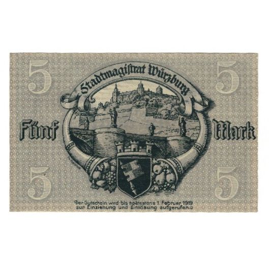 Banknote, Germany, Würzburg Stadt, 5 Mark, paysage, 1918, 1918-10-08, AU(55-58)