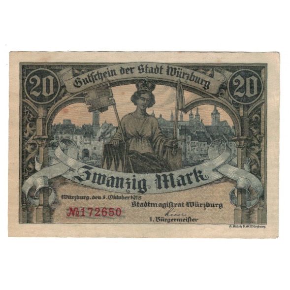 Banknote, Germany, Würzburg Stadt, 20 Mark, Batiment, 1918, 1918-10-08