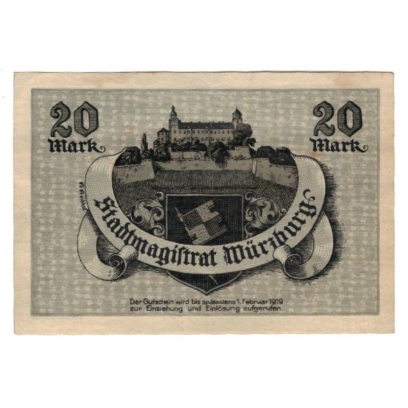 Banknote, Germany, Würzburg Stadt, 20 Mark, Batiment, 1918, 1918-10-08