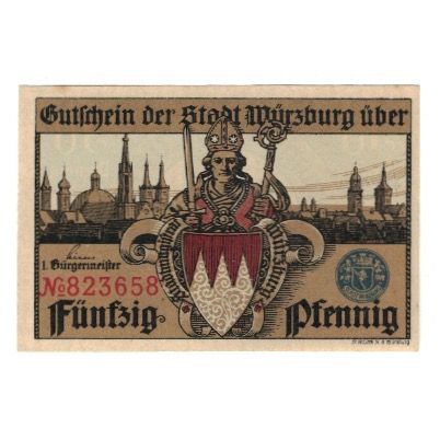 Banconote, Germania, Würzburg Stadt, 50 Pfennig, Eglise, undated (1920), SPL-