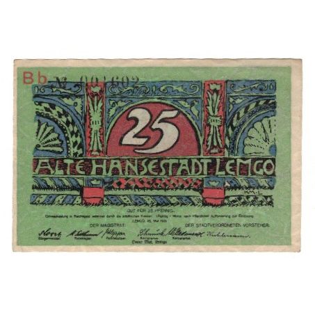 Billet, Allemagne, Lemgo Stadt, 25 Pfennig, ville 1, 1921, 1921-05-25, SUP