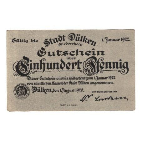 Banknote, Germany, Dülken Stadt, 100 Pfennig, moulin, 1922, 1922-01-01