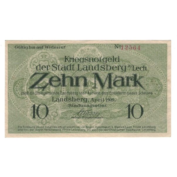 Banknote, Germany, Landsberg am Lech Stadt, 10 Mark, valeur faciale, 1919
