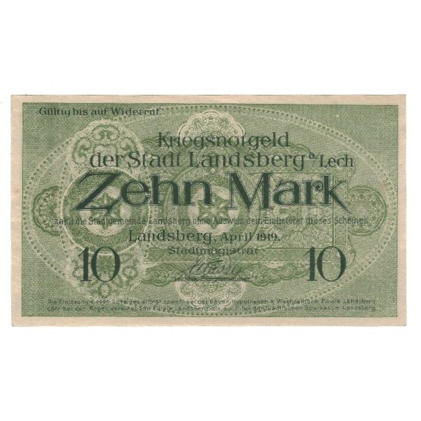 Banknote, Germany, Landsberg am Lech Stadt, 10 Mark, valeur faciale, 1919