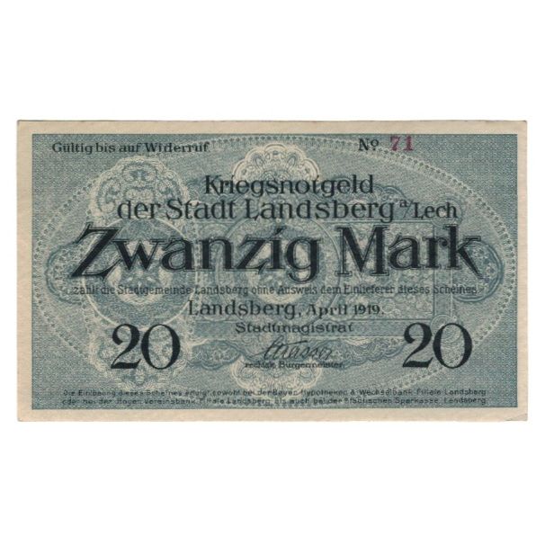 Banknote, Germany, Landsberg am Lech Stadt, 20 Mark, valeur faciale, 1919
