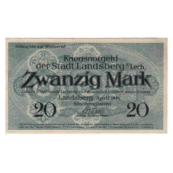 Banknote, Germany, Landsberg am Lech Stadt, 20 Mark, valeur faciale, 1919