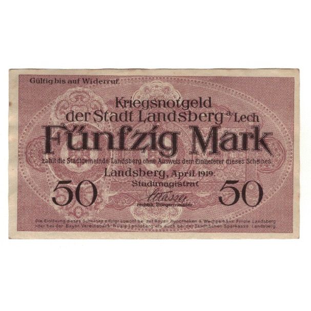 Billet, Allemagne, Landsberg am Lech Stadt, 50 Mark, valeur faciale, 1919, SUP
