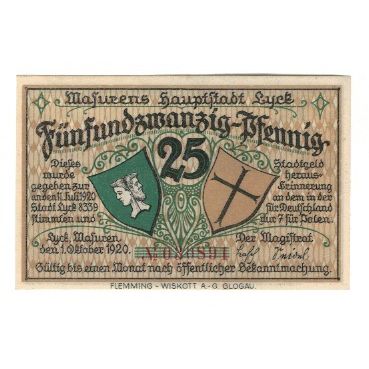 Banknote, Germany, Lyck Stadt, 25 Pfennig, paysage, 1920, 1920-10-01, AU(55-58)