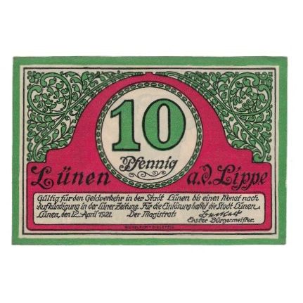 Billet, Allemagne, Lunen Stadt, 10 Pfennig, personnage, 1921, 1921-04-12, SUP