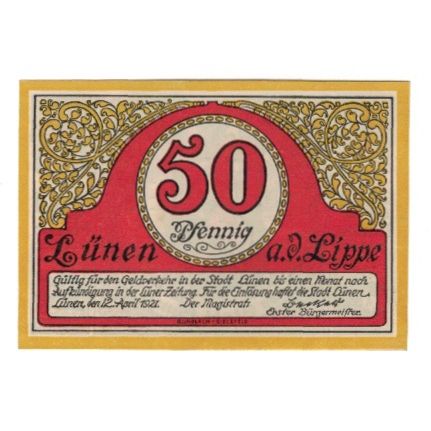 Banknote, Germany, Lunen Stadt, 50 Pfennig, personnage, 1921, 1921-04-12