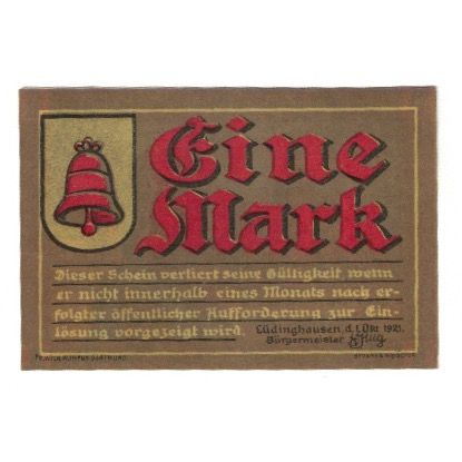 Billet, Allemagne, Lüdinghausen Stadt, 1 Mark, personnage, 1921 (1922)
