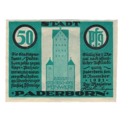 Banknote, Germany, Paderborn Stadt, 50 Pfennig, Batiment, 1921, 1921-11-10