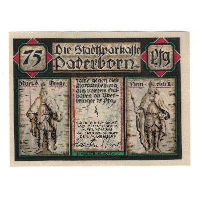 Banconote, Germania, Paderborn Stadt, 75 Pfennig, personnage, 1921, 1921-11-10