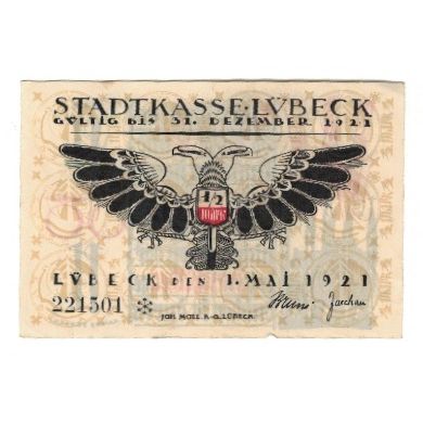 Banknote, Germany, Lübeck Stadtkasse, 1/2 Mark, texte 1, 1921, 1921-05-01