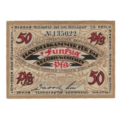 Banknote, Germany, Arnsberg Handelskammer für das südöstliche Westfalen, 50