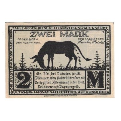 Banknote, Germany, Paderborn Stadt, 2 Mark, rue, 1921, 1921-11-10, AU(55-58)