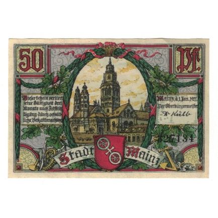 Banknote, Germany, Mainz Stadt, 50 Pfennig, Monument, 1921, 1921-01-01