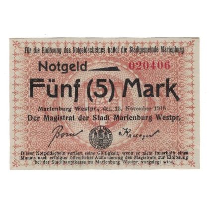 Geldschein, Deutschland, Marienburg Stadt, 5 Mark, N.D, 1918, 1918-11-13, VZ
