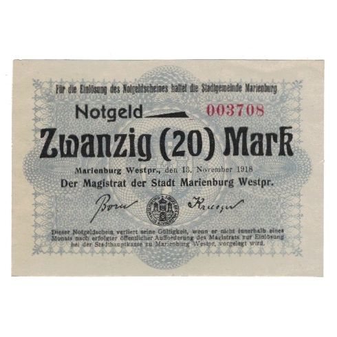 Banknot, Niemcy, Marienburg Stadt, 20 Mark, N.D, 1918, 1918-11-13, AU(55-58)