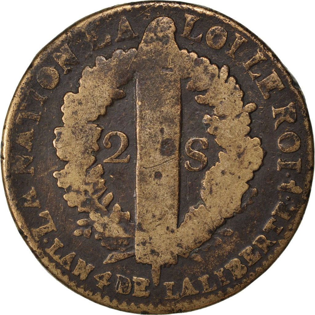 FRANCE, 2 sols françois, 2 Sols, 1792, Lille, KM #603.16, VF(20-25), Bronze, G..