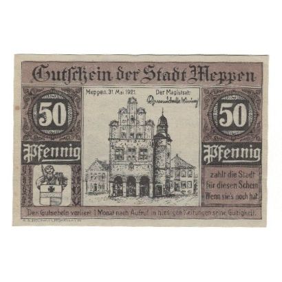 Banknote, Germany, Meppen Stadt, 50 Pfennig, personnage, 1921, 1921-05-30