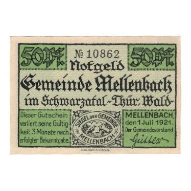 Banknote, Germany, Mellenbach Gemeinde, 50 Pfennig, paysage, 1921, 1921-07-01