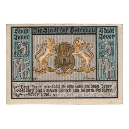Banknote, Germany, Jever Sparkasse der Stadt, 3 Mark, Vaches, 1922, AU(55-58)