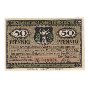 Banknote, Germany, Neidenburg Stadt, 50 Pfennig, paysage, 1920, 1920-09-22
