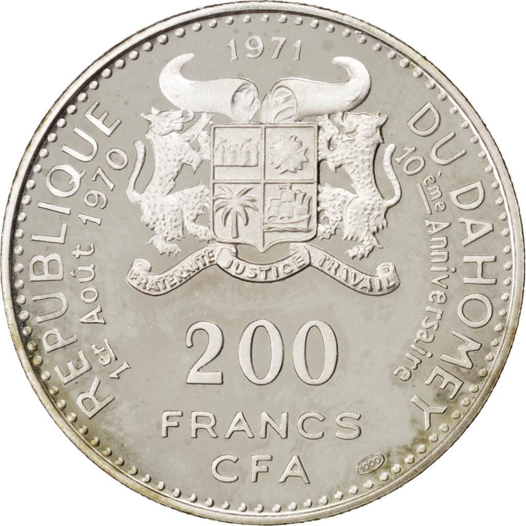 Benin, 200 Francs, 1971, KM #2.2, MS(63), Silver, 10.37