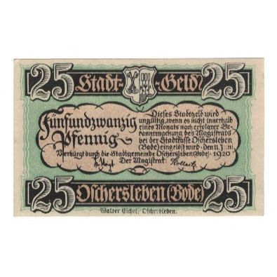 Banknote, Germany, Oschersleben a.Bode Stadt, 25 Pfennig, Texte, 1921