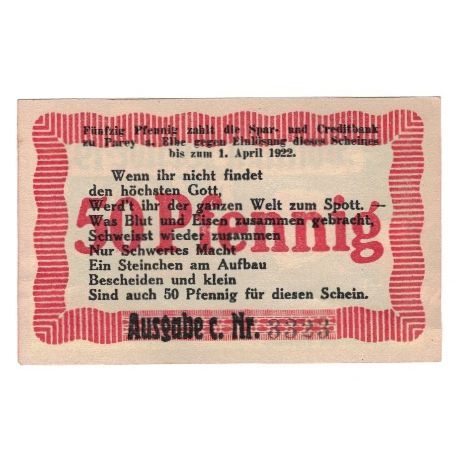 Banknote, Germany, Parey a.d. Elbe Spar und Creditbank, 50 Pfennig, texte 1