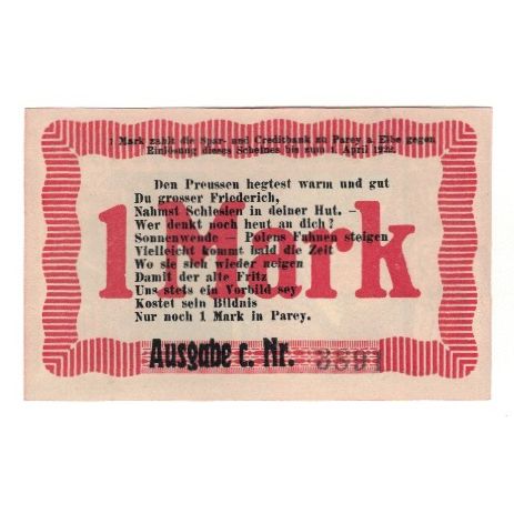 Banknote, Germany, Parey a.d. Elbe Spar und Creditbank, 1 Mark, Texte, 1922