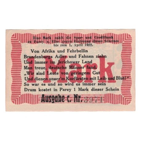 Banknote, Germany, Parey a.d. Elbe Spar und Creditbank, 1 Mark, texte 1, 1922