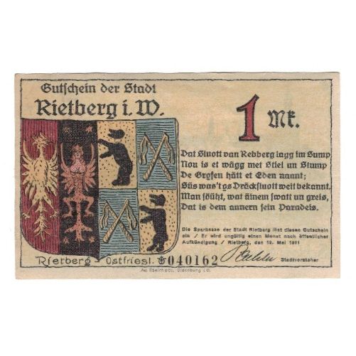 Banknote, Germany, Rietberg Stadt, 1 Mark, paysage, 1921, 1921-05-12, AU(55-58)